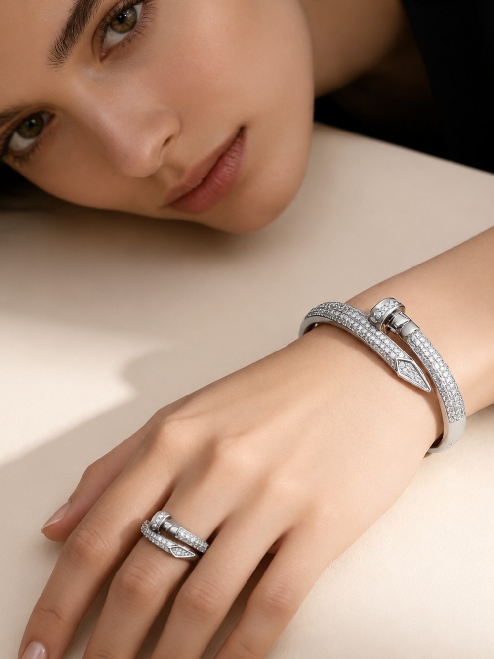Silver color Pave Nail-Style Bangle and Ring Set